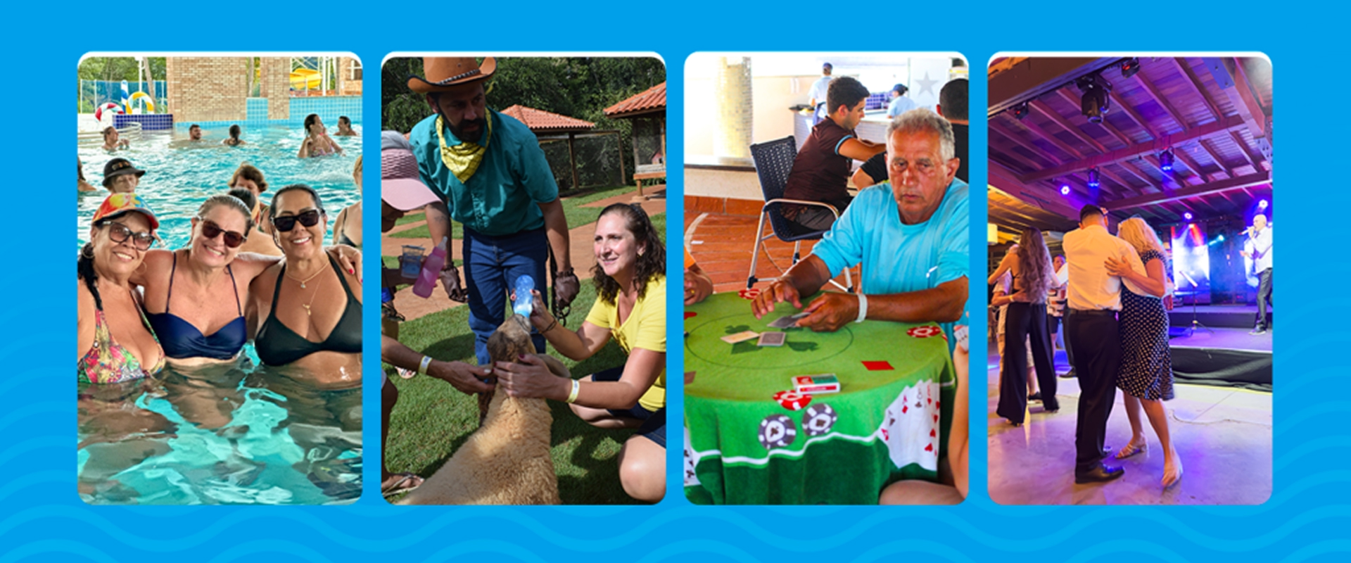 Idosos aproveitam atividades no resort: piscina, fazendinha, jogo de cartas e baile com música ao vivo.