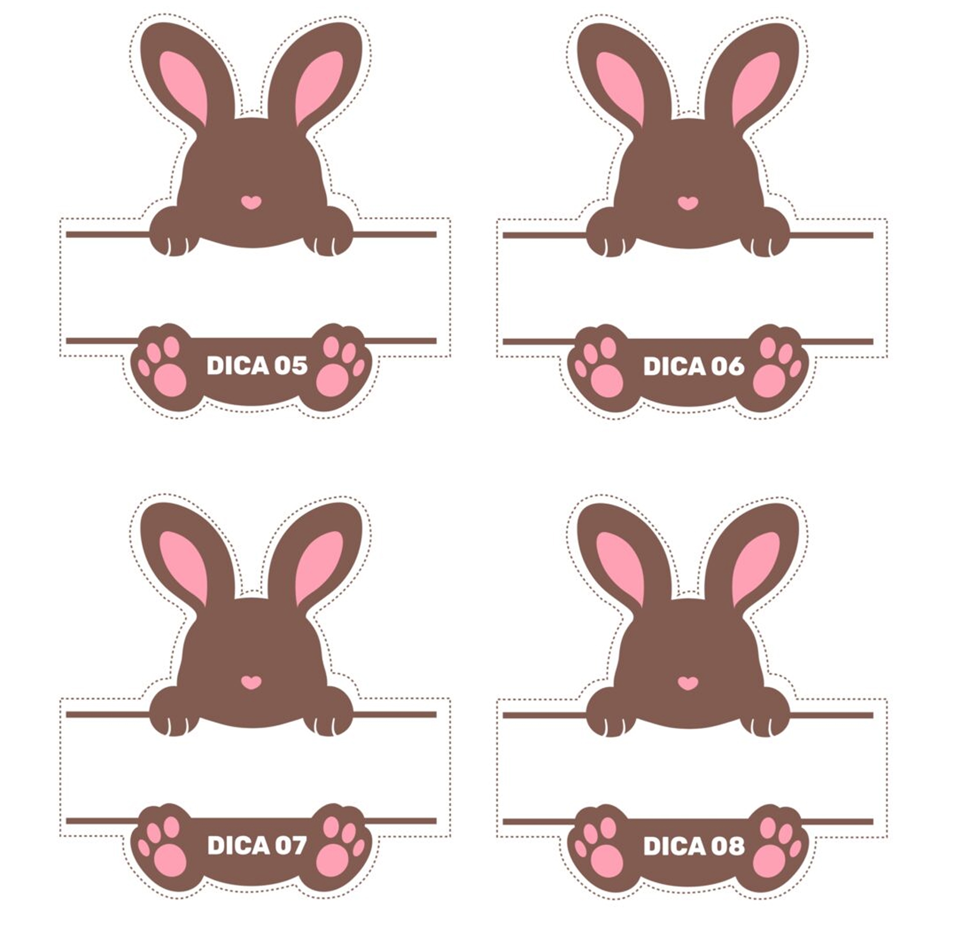 Coelhinhos marrons com orelhas rosas segurando placas com as dicas 05 a 08 para imprimir e recortar.