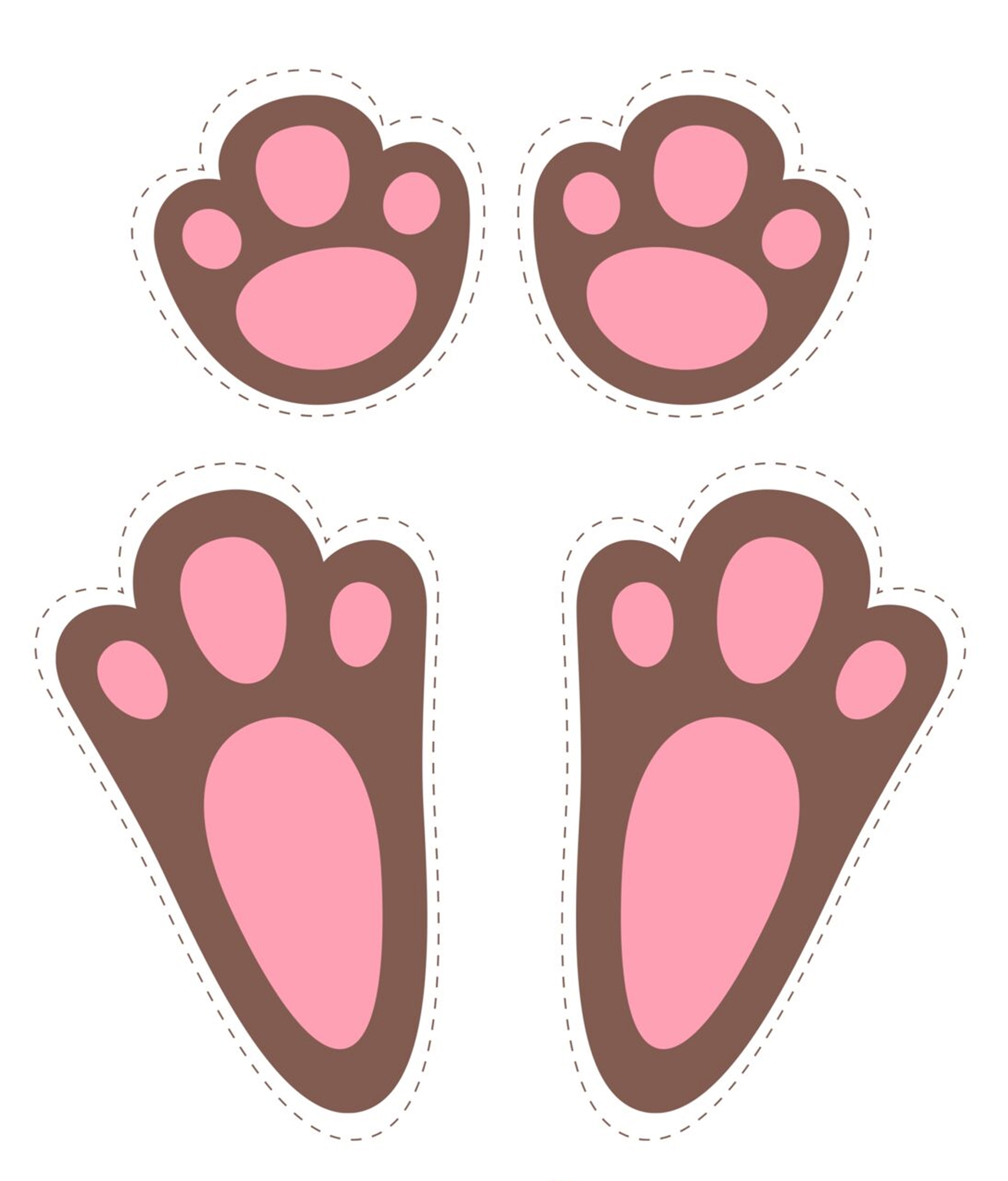 Pegadas de coelho em rosa e marrom, com contorno pontilhado, para imprimir e recortar.