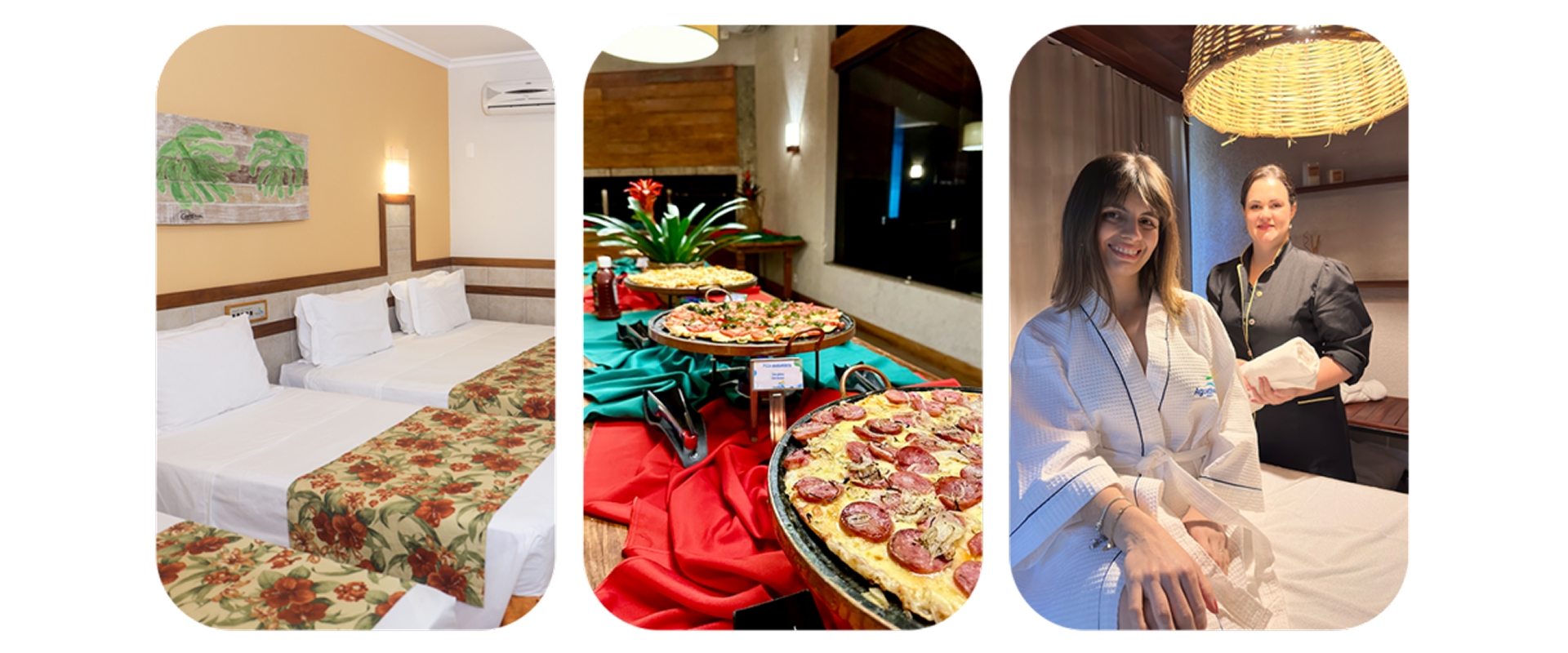Quarto com camas de solteiro, buffet com pizzas e mulher sorridente em spa no Aguativa Golf Resort.