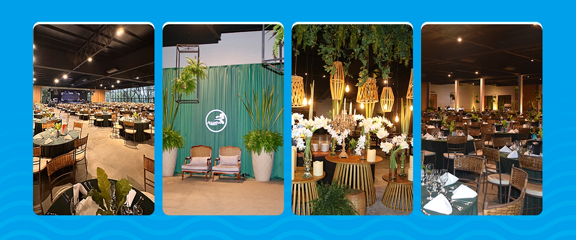 Montagens elegantes do novo espaço de eventos do Aguativa Golf Resort, com mesas decoradas, flores, iluminação e lounges para fotos.