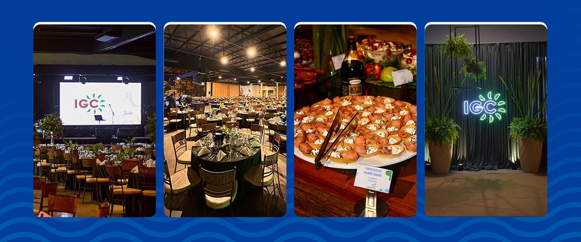 Evento IGC no Aguativa Resort com salão decorado, mesas montadas, coquetel sofisticado e painel com logotipo iluminado.