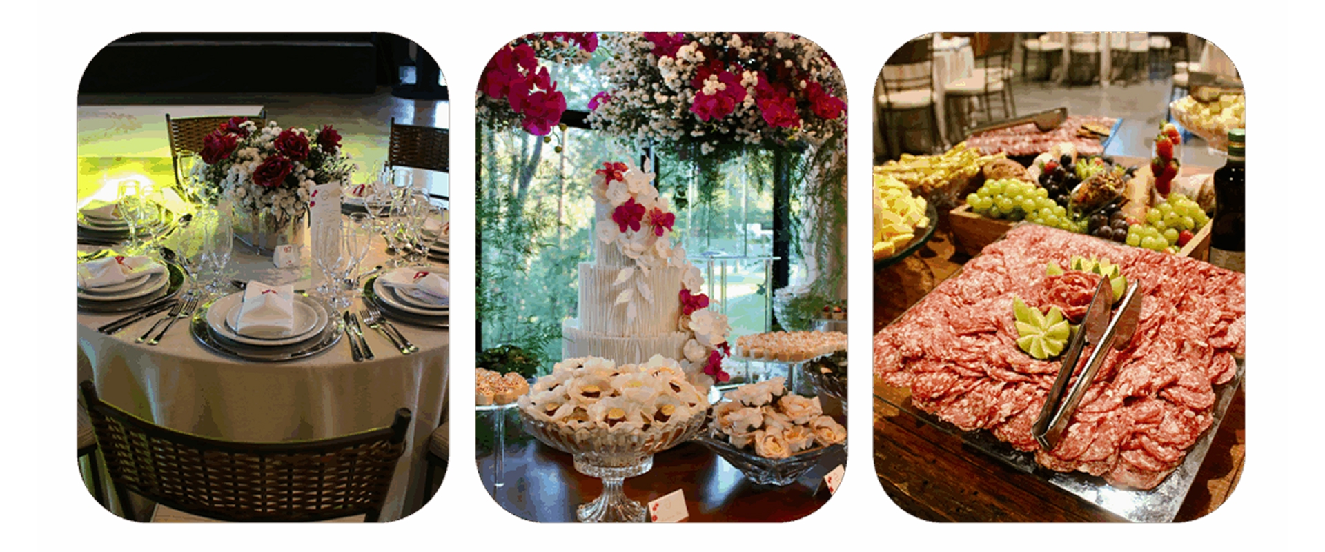 Decorações e buffet de um casamento feito no Convention Center do Aguativa Golf Resort.