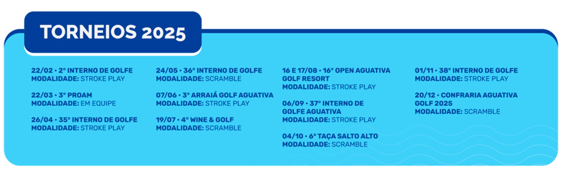 Calendário "Torneios 2025" do Aguativa Golf Resort com datas e modalidades dos principais torneios de golfe, como Stroke Play e Scramble, distribuídos entre fevereiro e dezembro.